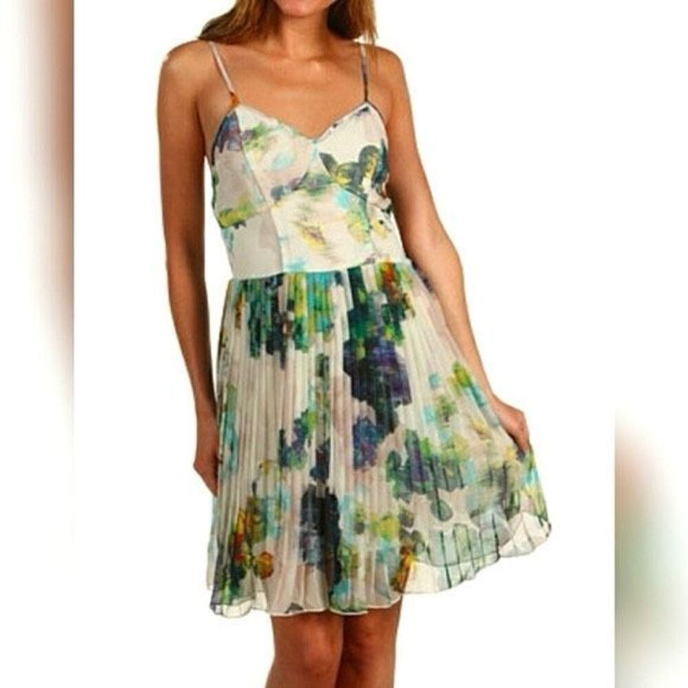 JACK Monique Floral Spaghetti Strap Pleated Slip Dress‎ Cream Purple Green Small